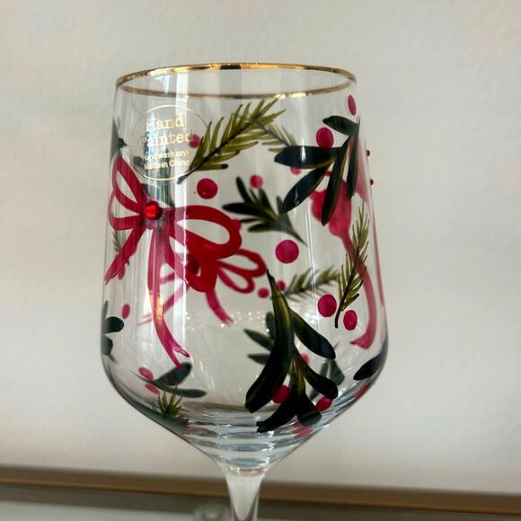 Hand Painted & Jeweled Wine Glass Set of 2  Coquette Christmas Red Bows & Holly - Picture 3 of 10